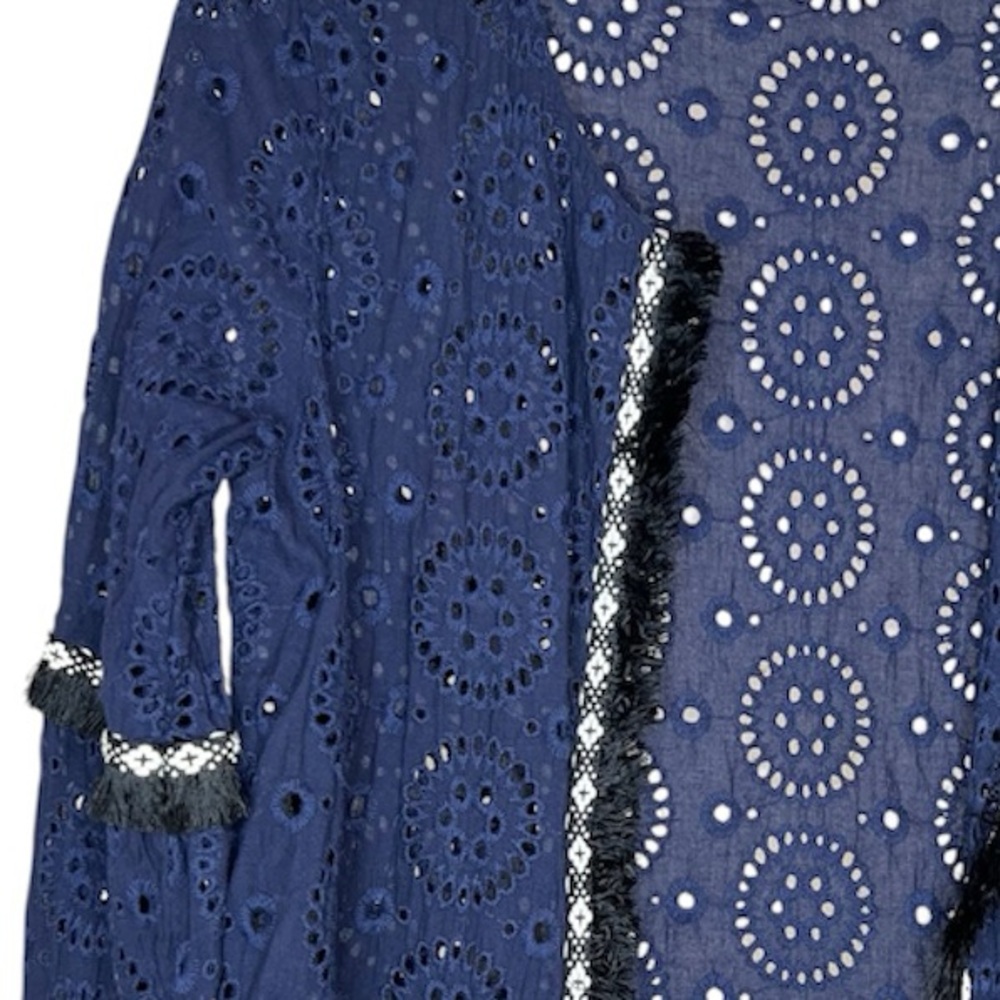Suzanne Betro Women’s Dark Navy Eyelet Fringe Accents Open Front Cardigan SZ M - Picture 8 of 9
